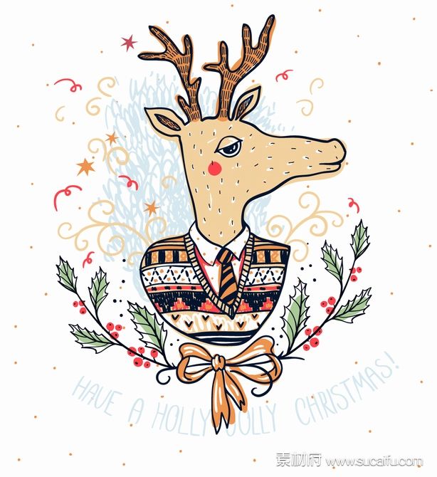 圣诞麋鹿先生的手绘插画