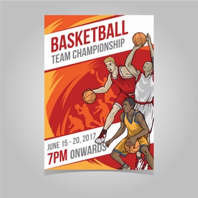有运动员运球和投篮的篮球海报