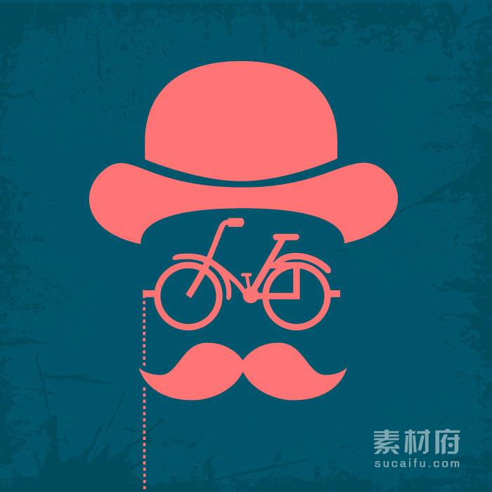 自行车创意插画戴礼帽的两撇胡子老头