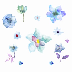 各种蓝紫色的水彩手绘花卉