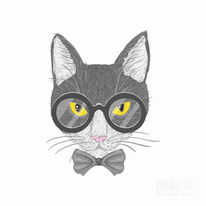 水彩手绘戴眼镜的灰色猫咪头像