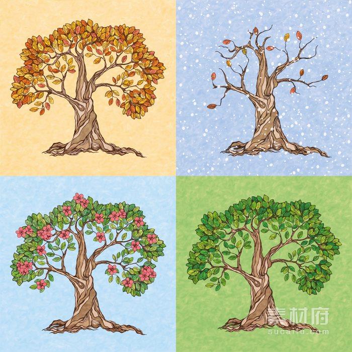 手绘插画一棵树的春夏秋冬四季变化