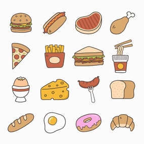 手绘风格的面包快餐食物图标