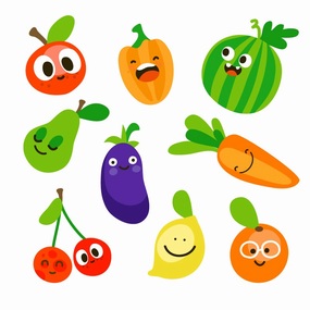 可爱的卡通风格蔬菜和水果