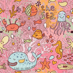 可爱儿童卡通海洋生物插画无缝平铺图案