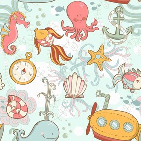 可爱儿童卡通海底世界插画无缝平铺图案