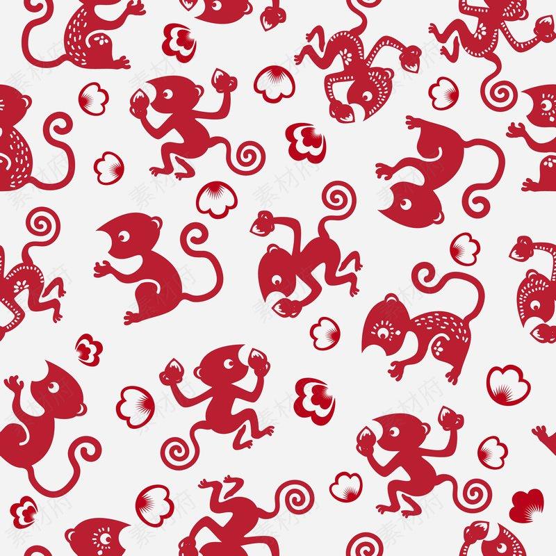 红色剪纸猴子无缝平铺背景矢量图案