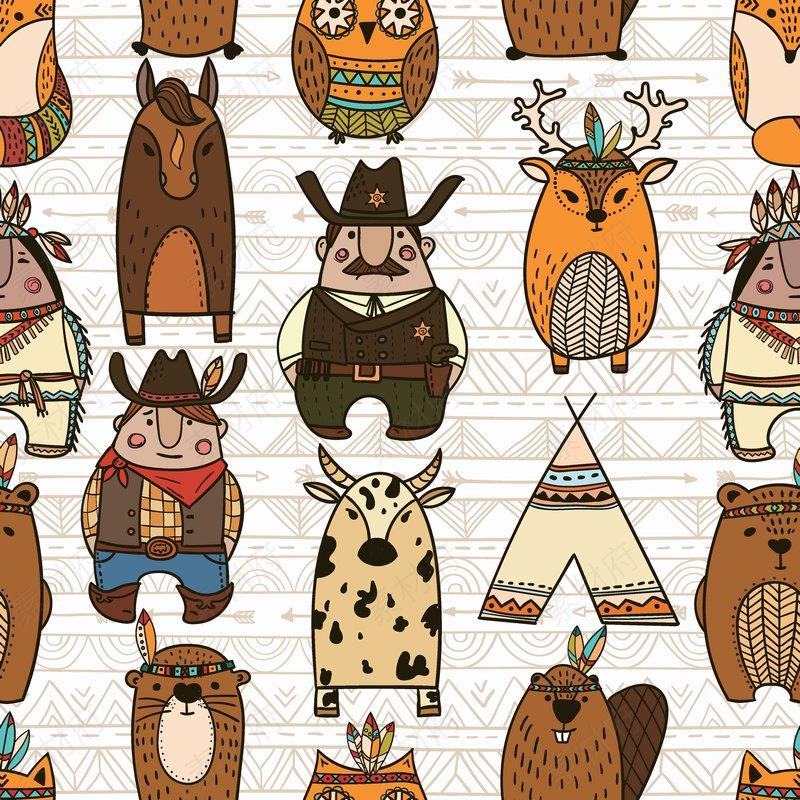 手绘卡通部落人物动物无缝拼图背景图案