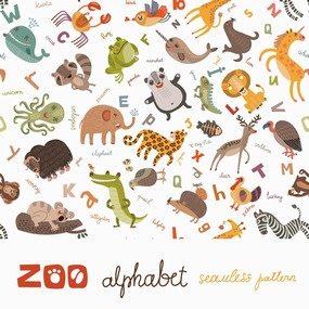 可爱手绘卡通动物园动物平铺背景矢量图案