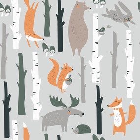 手绘卡通狐狸森林无缝平铺背景矢量图案