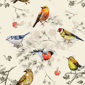 复古传统花鸟绘画无缝平铺背景矢量图案