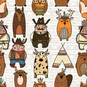 手绘卡通部落人物动物无缝拼图背景图案