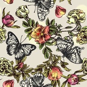 蝴蝶和花无缝拼图背景图案