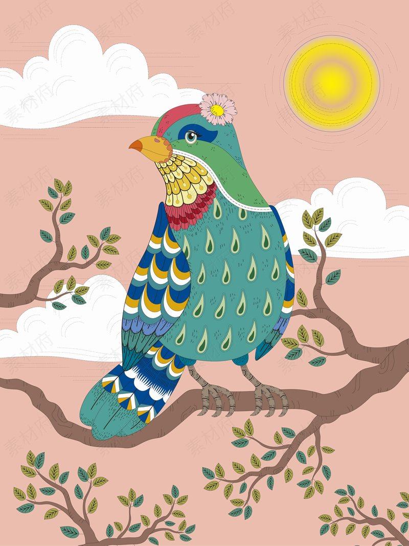 北欧创意动物插画停在枝头的鸟