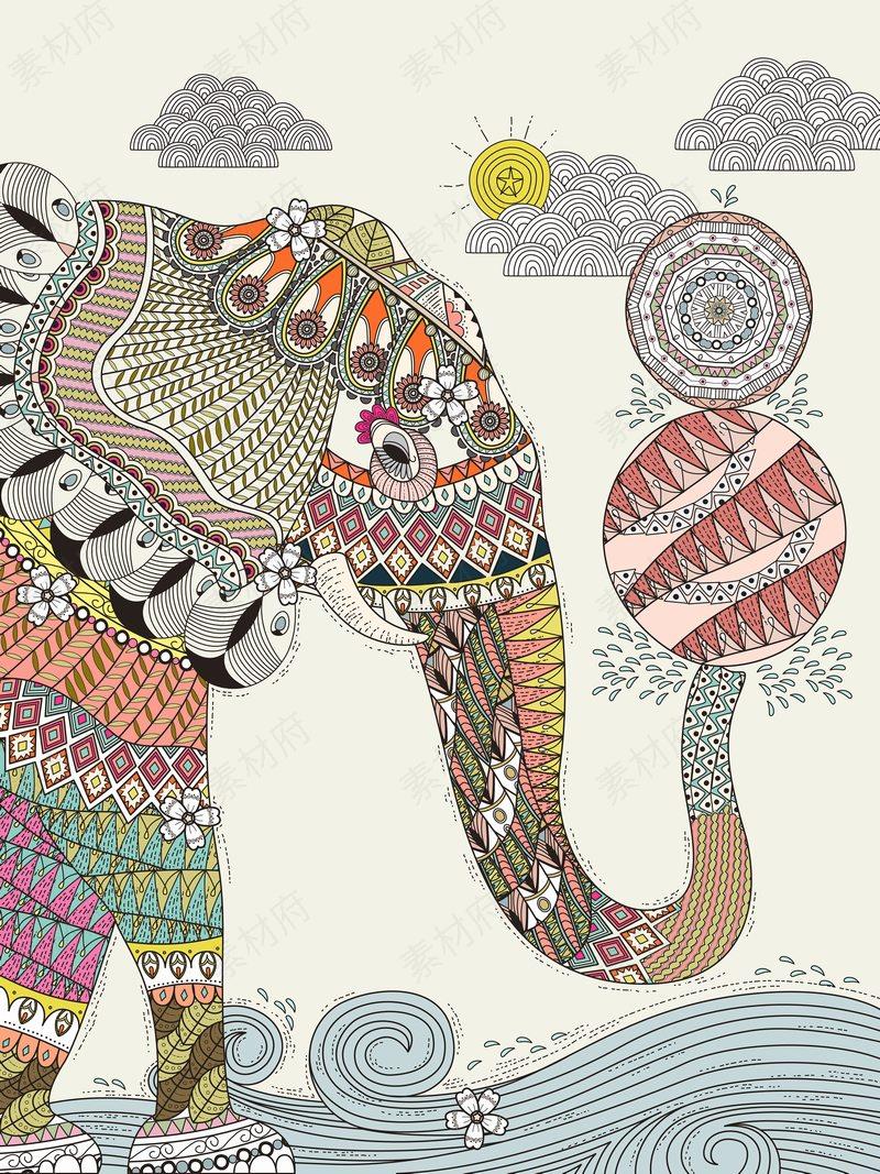 北欧创意动物插画布满华丽装饰花纹的大象