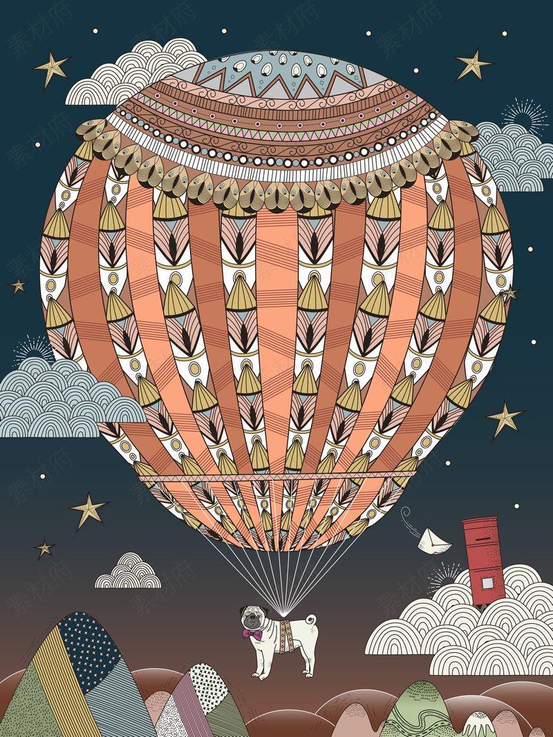 北欧创意动物插画狗狗和华丽的热气球