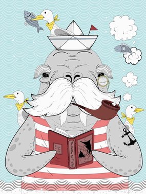 北欧创意动物插画在读书的海狮爷爷