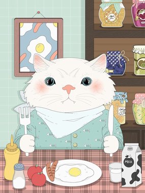 北欧创意动物插画享用早餐的白猫咪