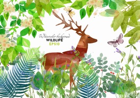 森系手绘清新水彩鹿动物童话插画