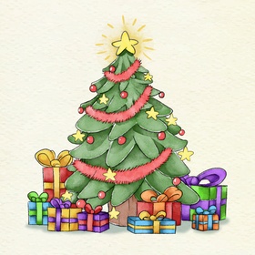 水彩手绘圣诞树和礼物
