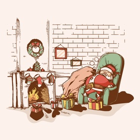 手绘圣诞老人在壁炉旁睡着了