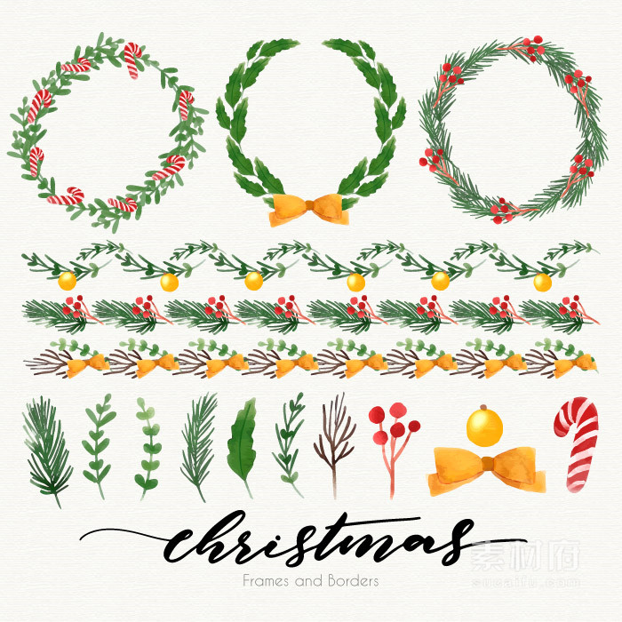 圣诞节主题的植物花环和装饰边框