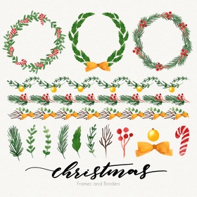 圣诞节主题的植物花环和装饰边框