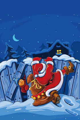 圣诞节的夜晚圣诞老人偷偷翻墙送礼物