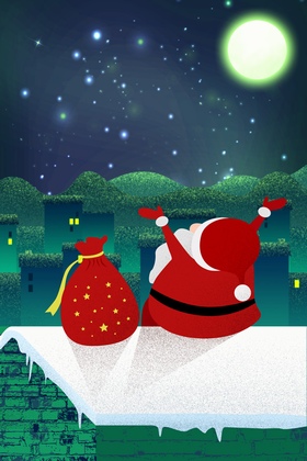 圣诞老人带着礼包在屋顶上