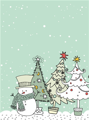 有雪人和圣诞树的圣诞节插画