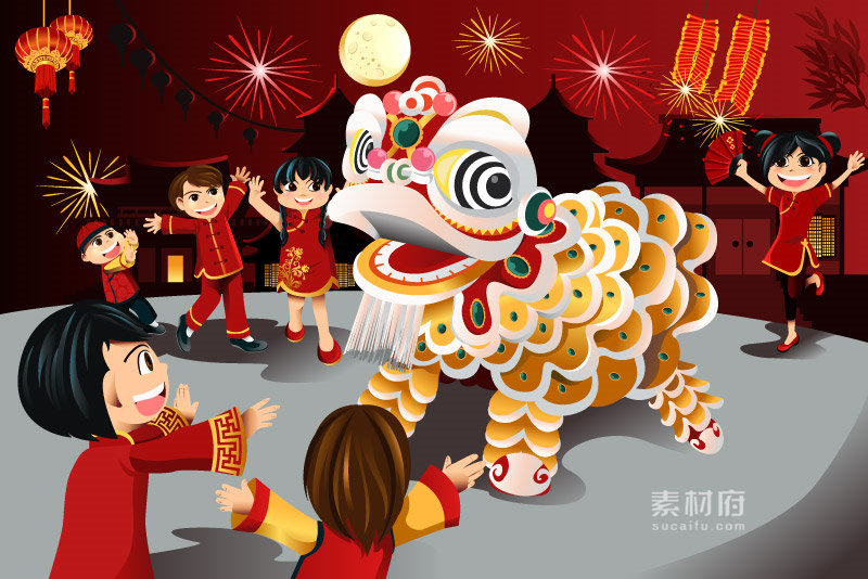 欢庆中国新年热闹的舞狮场面