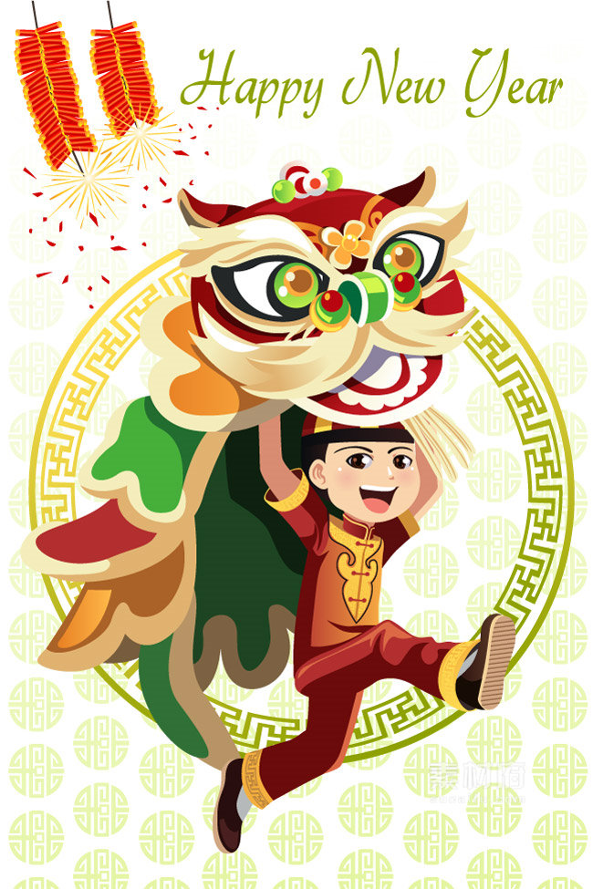 庆祝中国新年舞狮放鞭炮