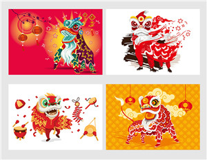 春节舞狮手绘插画设计图