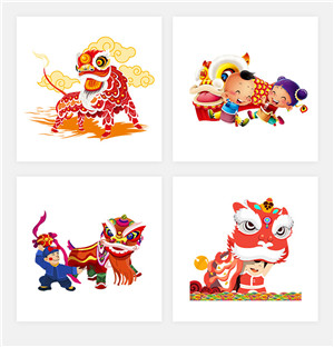 传统节庆民间活动舞狮放鞭炮插画