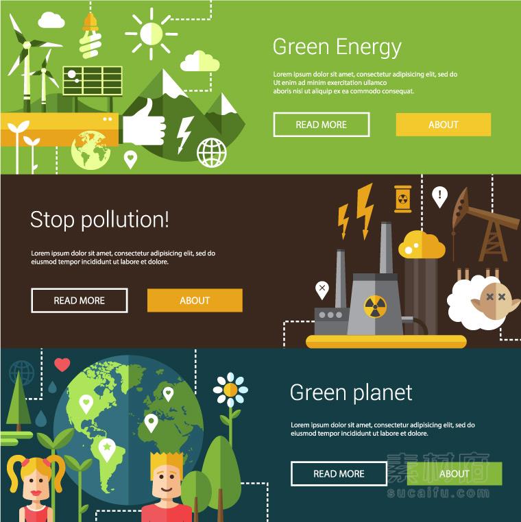 洁净能源和工业污染辐射对比的banner矢量图