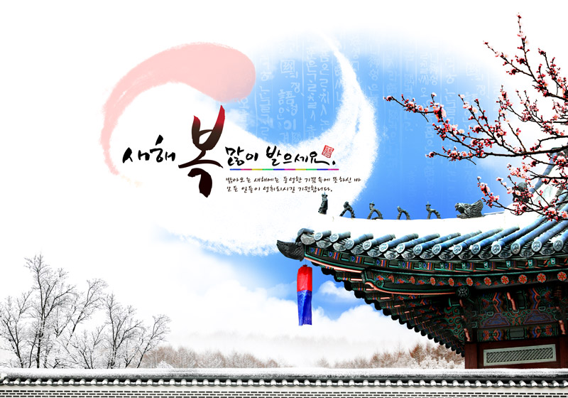 韩国古典建筑冬季屋檐特写图片