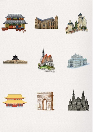 手绘世界各国著名标志性建筑