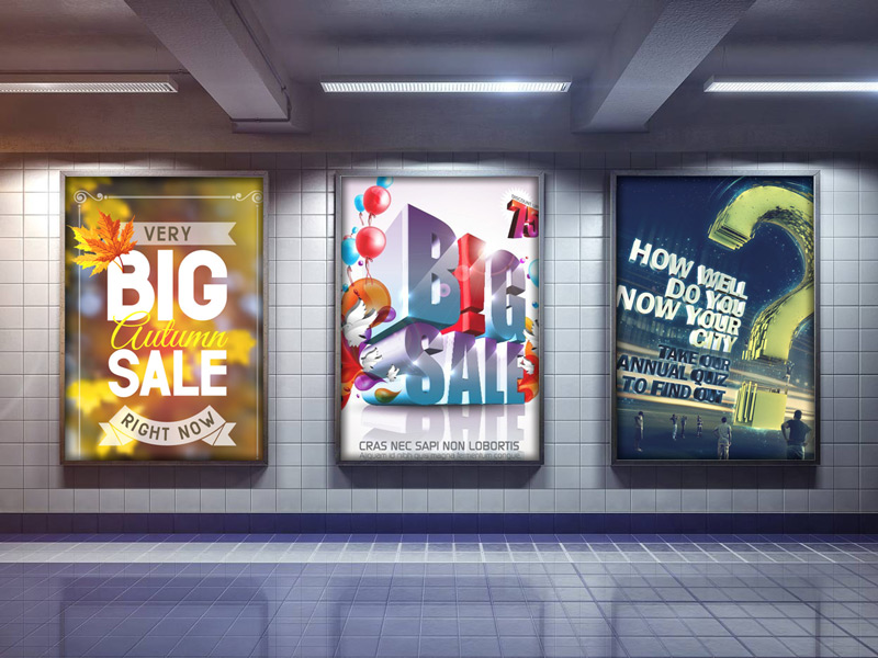 地下通道处的三个广告位海报样机