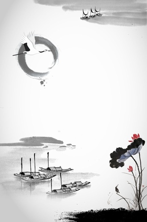 渔船仙鹤与荷花的中国水墨画素材