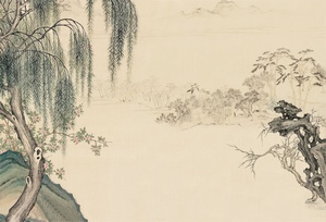 中国工笔画花柳山石背景图