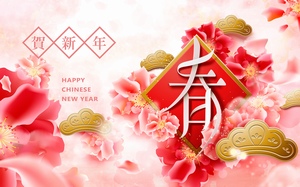 粉红色花卉装饰新春贺卡海报设计素材