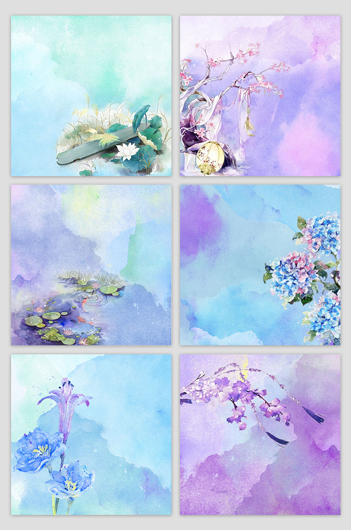 手绘水彩六种花卉晕染背景素材