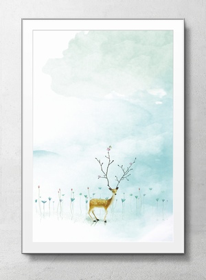 水彩手绘空旷仙境中的小鹿
