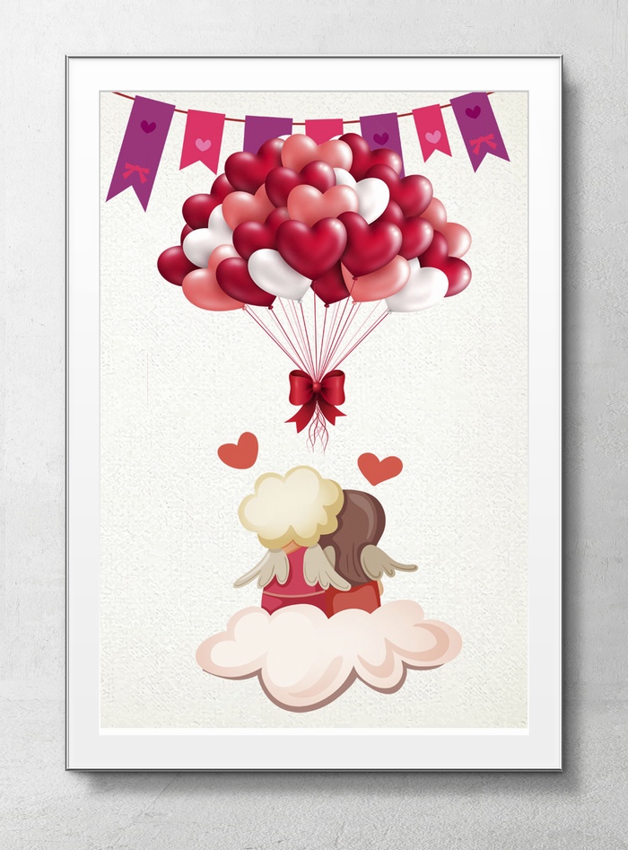 一大束粉色爱心气球和一对情侣背影