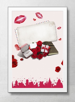 玫瑰与钻戒情人节主题海报背景