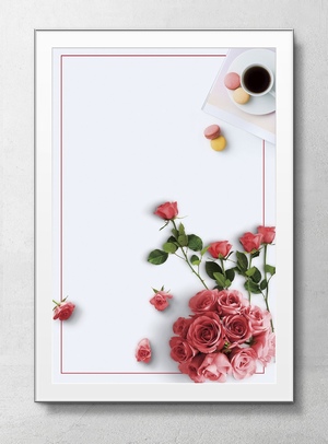 清晨的粉玫瑰与早茶海报背景