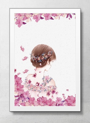 粉色水彩花卉与女孩背影插画