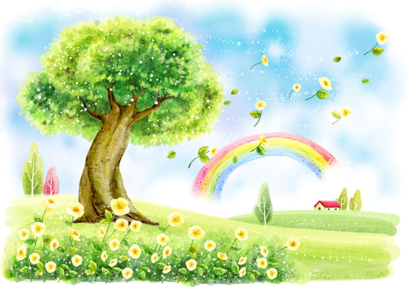 手绘水彩儿童画草地大树彩虹和飘舞的花朵
