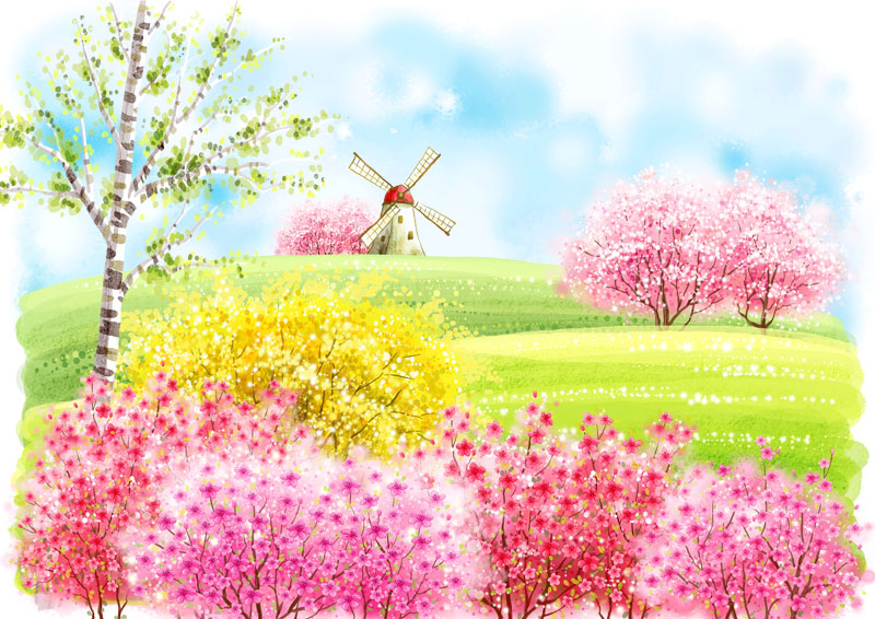 春天来了漫山遍野的粉色桃花和发芽的杨树