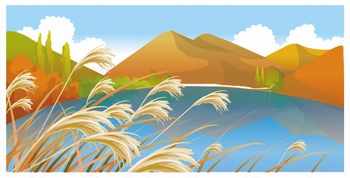 麦穗湖面和远山构成的风景插画设计